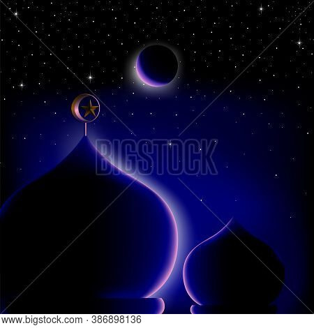 Vector Stock Of Islamic Theme And Background, Mosque Silhouette During Night With Starry Sky And Cre