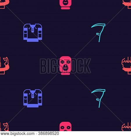 Set Scythe, Embroidered Shirt, Thief Mask And Monument To Founders Of Kiev On Seamless Pattern. Vect