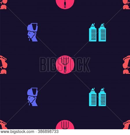 Set Two Towers In Dnipro, Ukrainian Cossack, Garden Pitchfork And Woman On Seamless Pattern. Vector