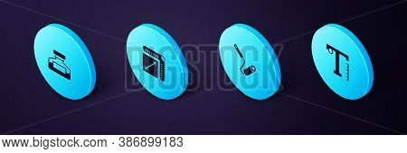 Set Isometric Text, Paint Roller Brush, Paper Size And Ink Bottle Icon. Vector