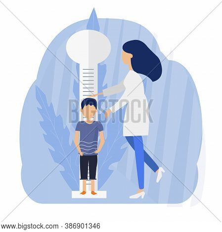 Kid And Pediatrician Flat Vector Illustrations. Doctor Measuring Child Height. Medic And Patient Car