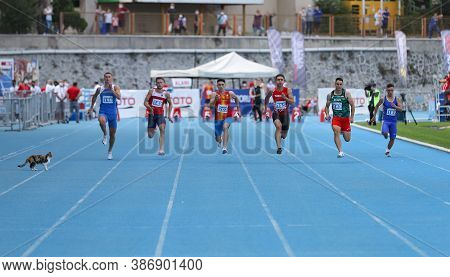 Istanbul, Turkey - September 12, 2020: Athletes Running 100 Metres During Balkan U20 Athletics Champ