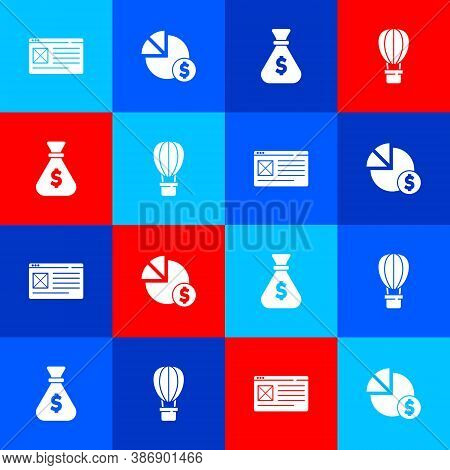 Set Browser Window, Pie Chart And Dollar, Money Bag And Hot Air Balloon Icon. Vector