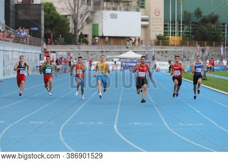 Istanbul, Turkey - September 12, 2020: Athletes Running 100 Metres During Balkan U20 Athletics Champ