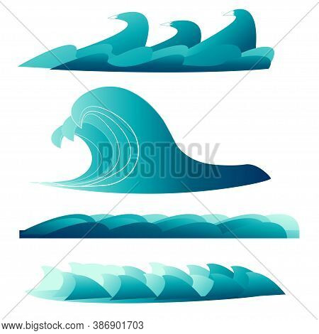 Set Of Sea, Ocean Waves In Vector Design Isolated On White Background. Graphic Artistic, Abstract Il