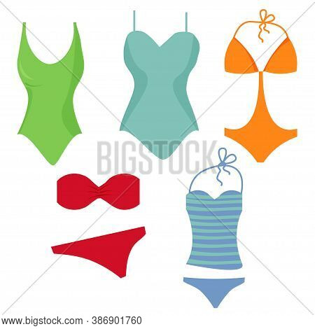 Set Swimsuits Isolated On White Background In Vector Design. Multicolour Collection Of Female Swimwe