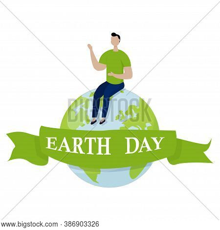 Man Sitting On Planet. Friendly, Happy In Vector Design Isolated On White Background. Colorful Earth