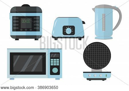 Slow Cooker, Electric Kettle, Toaster, Microwave, Waffle Iron Set In Vector Design. Graphic Illustra