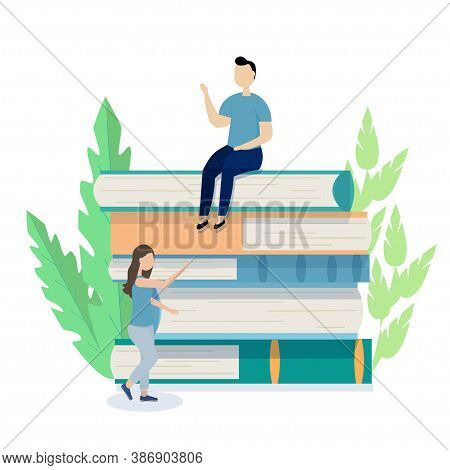 Bright Flat Composition With Books, Man Sitting, Girl Standing In Vector Design. Graphic Education, 