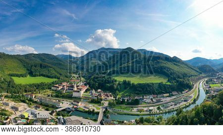 Lilienfeld In Lower Austria. Aerial View To The Abbey Monastery And The Traisen River And The Mucken