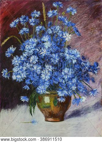 Still Life In Pastel Painting Cornflowers In A Vase. Paper, Soft Pastel, 63 X 47 Cm. Based On The Wo