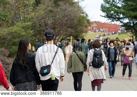 Ibaraki Prefecture, Japan - Oct 20, 2019 : Crowded People Going To The Miharashi Hill To See The Red