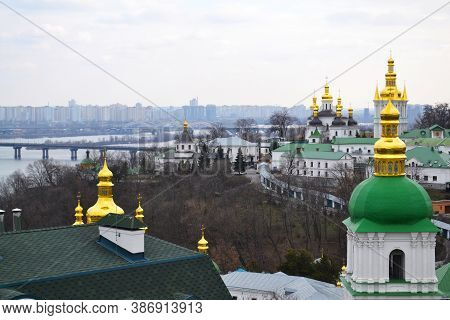 Kyiv - Golden And Green Tops Of Kiev Pechersk Lavra Churches And View Over Dneper And City