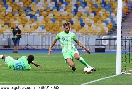 Kyiv, Ukraine - August 5, 2020: Marin Pongracic Of Vfl Wolfsburg Defends His Net During The Uefa Eur