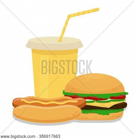 Bright, Colorful Hot Dog, Hamburger, Cup With Soda Stock Vector Illustration Isolated On White Backg