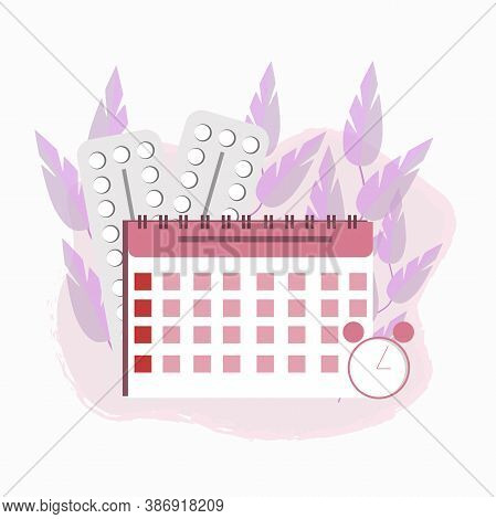 Woman Contraception Calendar And Blisters Stock Vector Illustration. Graphic Composition Of Medical,