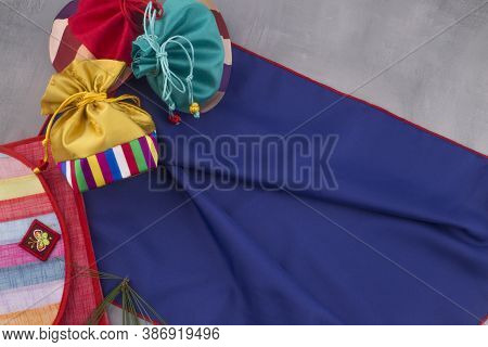 Korean Lucky Bag On Blue Traditional Wrapping Cloth.