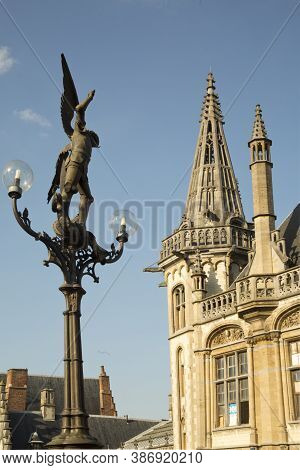 Ghent, Belgium.04 Mai 2016. Statue Of Archangel Michael On The Bridge Of Saint Michael In Ghent.