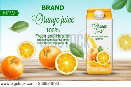 Carton Box With Orange Juice Surrounded By Citruses And Leaves. Fresh And Natural Vitamin From Real 