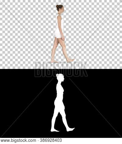 One Female Walking Barefoot In White Clothes, Alpha Channel