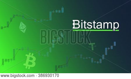 Bitstamp Cryptocurrency Stock Market Name With Logo On Abstract Digital Background. Crypto Stock Exc