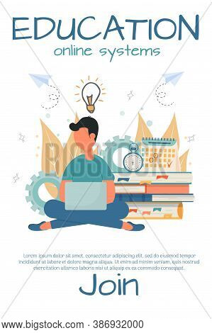 Banner For Online Courses, E-learning, Education Stock Vector Illustration. Student Sitting With Lap