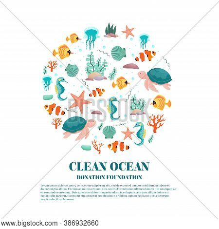 Clean Ocean, Donation Foundation. Flyer, Print, Advertising, Banner. Circle Shape With Fishes, Torti