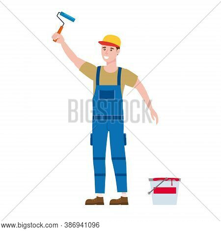 Construction Worker Painter With Brush And Paint Bucket In Workwear. Craftsman Character Vector Isol
