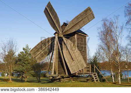 Old Wooden Windmill Close Up On October Afternoon. Rantasalmi, Finland