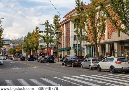 Seoul, South Korea - October 19th 2017: Gahoe-dong Street At The Bukchon Hanok Village In Seoul, Sou