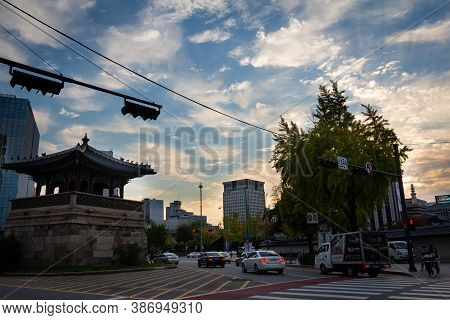 Seoul, South Korea - October 19th 2017: Dongshipjagak Guard Post On Samcheong-ro Beside Kyongbuk Pal