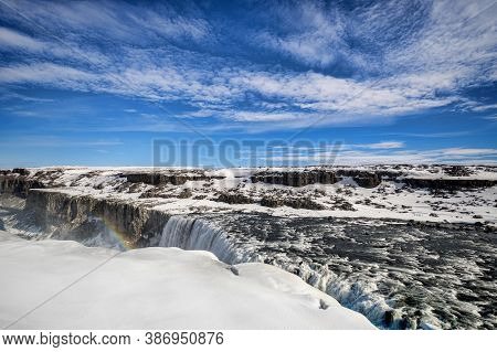 Dettifoss Waterfall On The Jokulsa A Fjollum River In Northern Iceland, The Most Powerful Fall In Eu