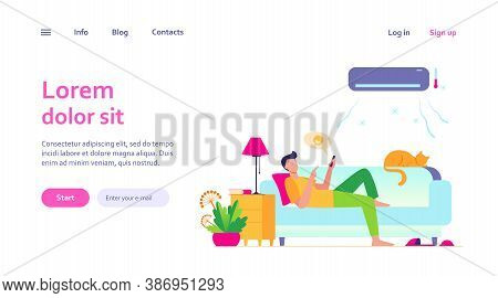 Young Man Relaxing At Couch Under Air Conditioner Flat Vector Illustration. Cartoon Guy In Cold Room
