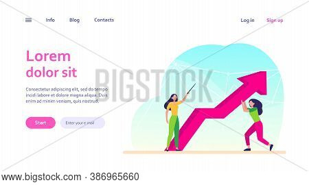 Managers Resisting Crisis. Woman Pointing Up, Her Colleague Holding Growth Arrow Flat Vector Illustr