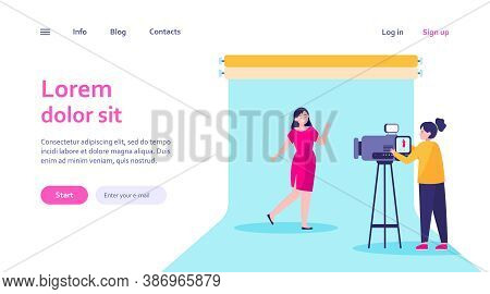 Camerawoman Working With Model In Studio. Filming Video, Blue Backdrop Flat Vector Illustration. Vid