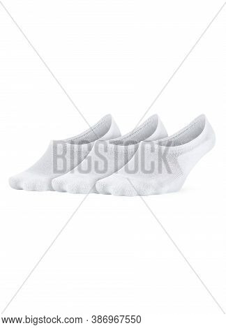 White Color Short Mini Socks Mockup For Design Isolated On White Background. Set Of Short Socks For 