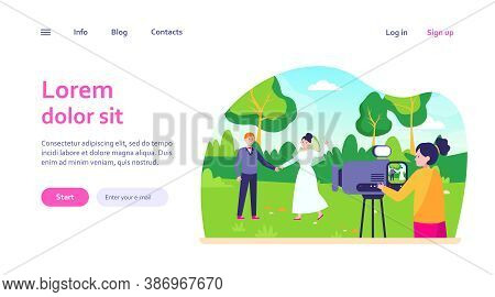 Female Operator Working At Wedding. Camerawoman Filming Just Married Couple Outdoors Scene Flat Vect