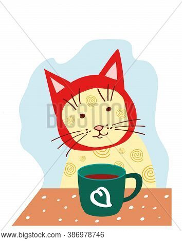 Cute Cat In Funny Hat Drinks Coffee Isolated. Vector Illustration.
