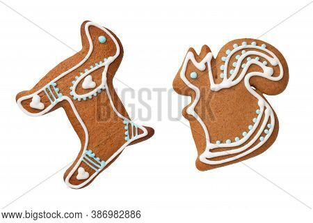 Gingerbread Dog And Squirrel Cookies Isolated On White Background. Top View