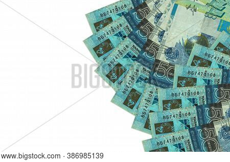 500 Kazakhstani Tenge Bills Lies Isolated On White Background With Copy Space. Rich Life Conceptual 
