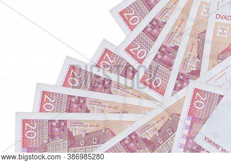 20 Croatian Kuna Bills Lies In Different Order Isolated On White. Local Banking Or Money Making Conc