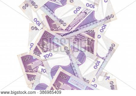 100 Philippine Piso Bills Flying Down Isolated On White. Many Banknotes Falling With White Copyspace