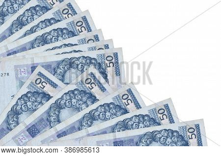 50 Croatian Kuna Bills Lies Isolated On White Background With Copy Space Stacked In Fan Close Up