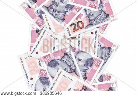 20 Croatian Kuna Bills Flying Down Isolated On White. Many Banknotes Falling With White Copyspace On