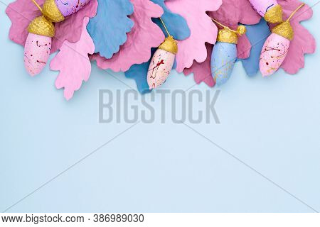Creative Autumn Background. Top View Of Hand-painted Various Colours Acorns And Oak Leaves On Light 