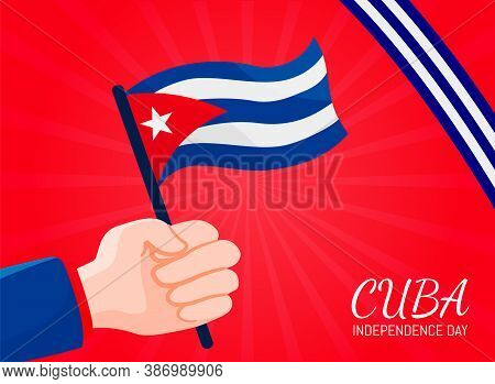 Banner Website Geeting Cuba Independence Day With Cartoon Hand Holding Flag