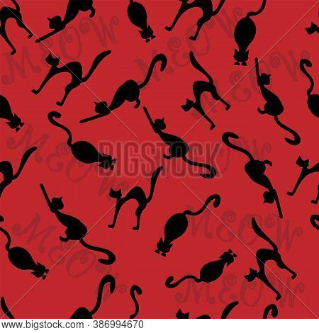 Seamless Pattern Of Silhouettes Of Cats On A Red Background