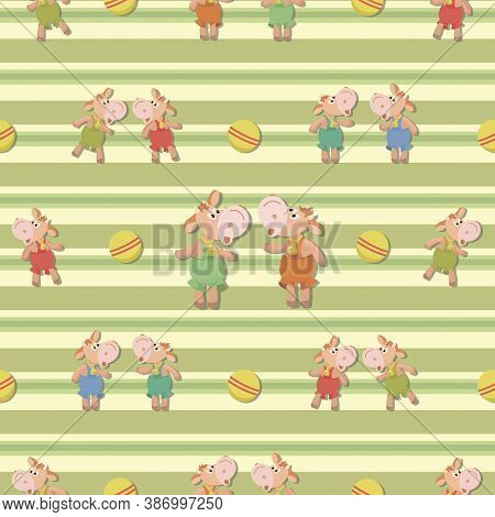 Cheerful Bull Calf. Ball Game. Childrens Striped Background, Pattern. Bull Symbol 2021year. Little C