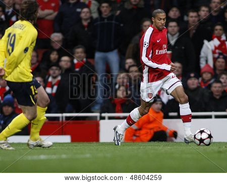 LONDON, ENGLAND. 31/03/2010. Arsenal player Gael Clichy in action during the  UEFA Champions League quarter-final between Arsenal and Barcelona at the Emirates Stadium