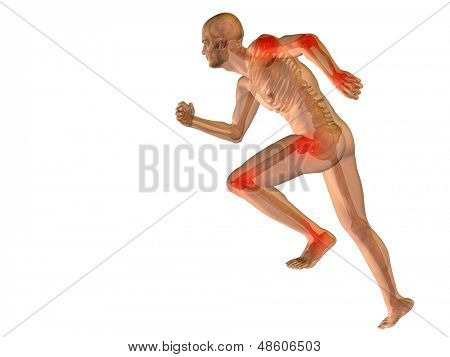 Koncepce s vysokým rozlišením nebo konceptuální muž anatomie ilustrace s bolest nebo bolest izolovaných na bílém b